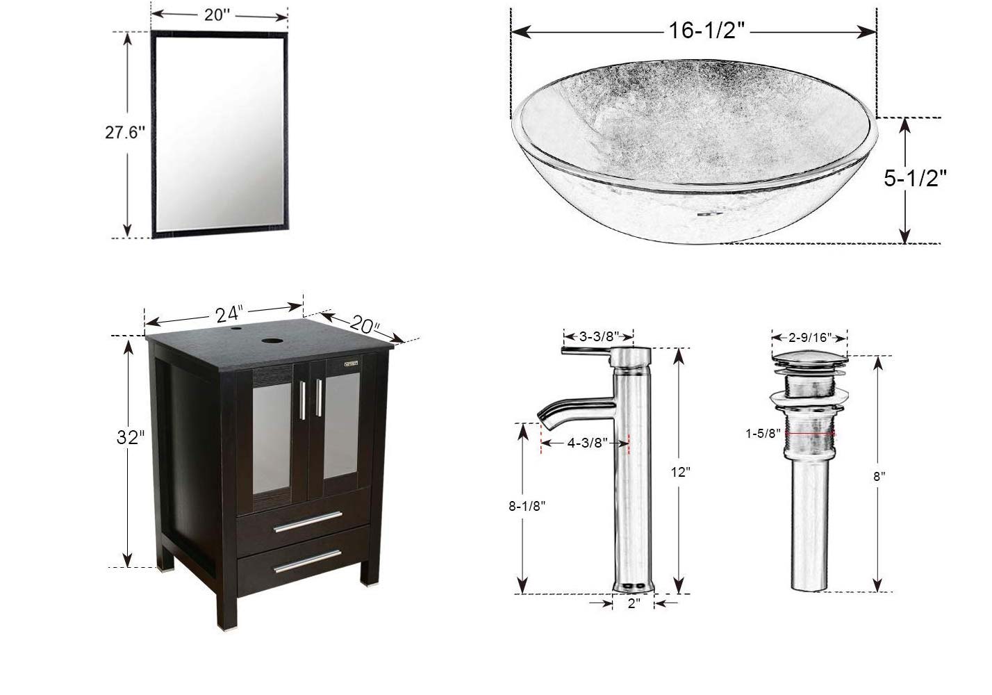 eclife 24-Zoll-Badezimmer-Waschtisch-Kombination Modernes MDF-Gehäuse mit Vanity Mirror Hartglas 